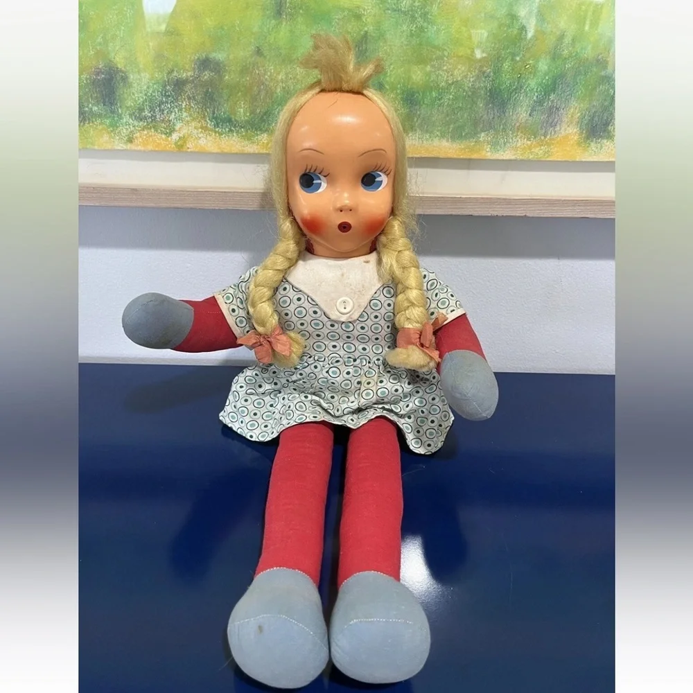 Carnival Plastic Face Cloth Fabric Doll Blonde Hair Braids Blue Eyes Vintage 60s